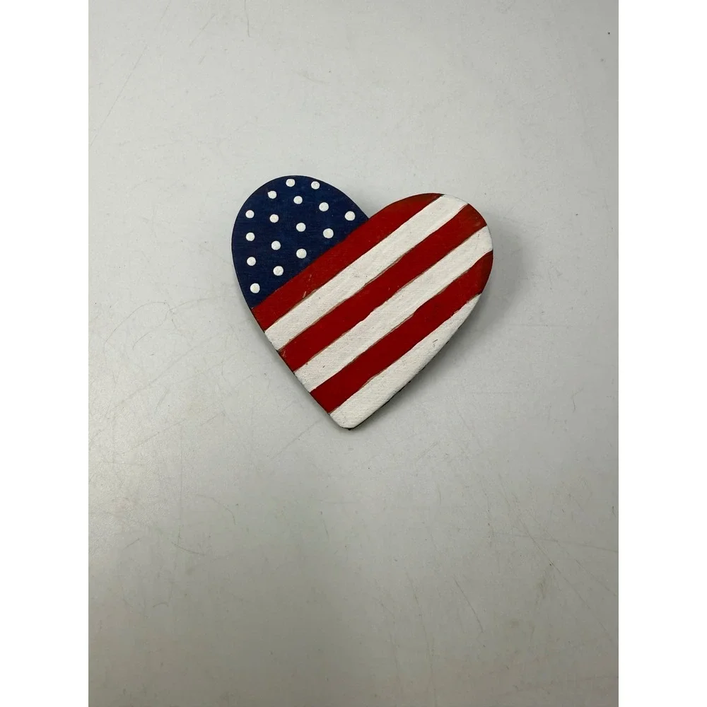 Vintage Hand Painted Wooden Heart American Flag Brooch Patriotic Pin Folk Art